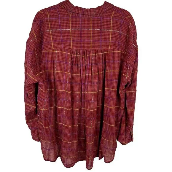 Free People Break Red / Orange Plaid My Stride Button Up /Down Long Sleeve Top S - Picture 11 of 11